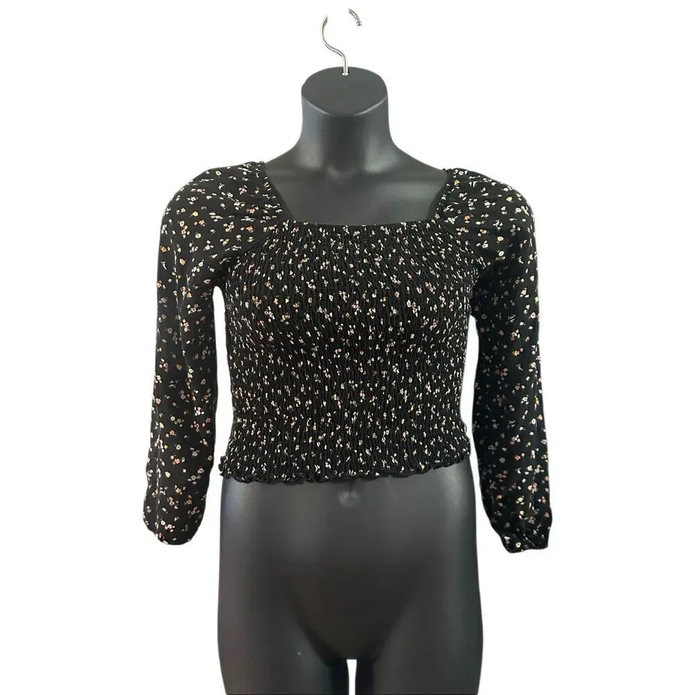 Art Class Girl's Black Floral Print Smocked Long Puff Sleeve Blouse Size Large